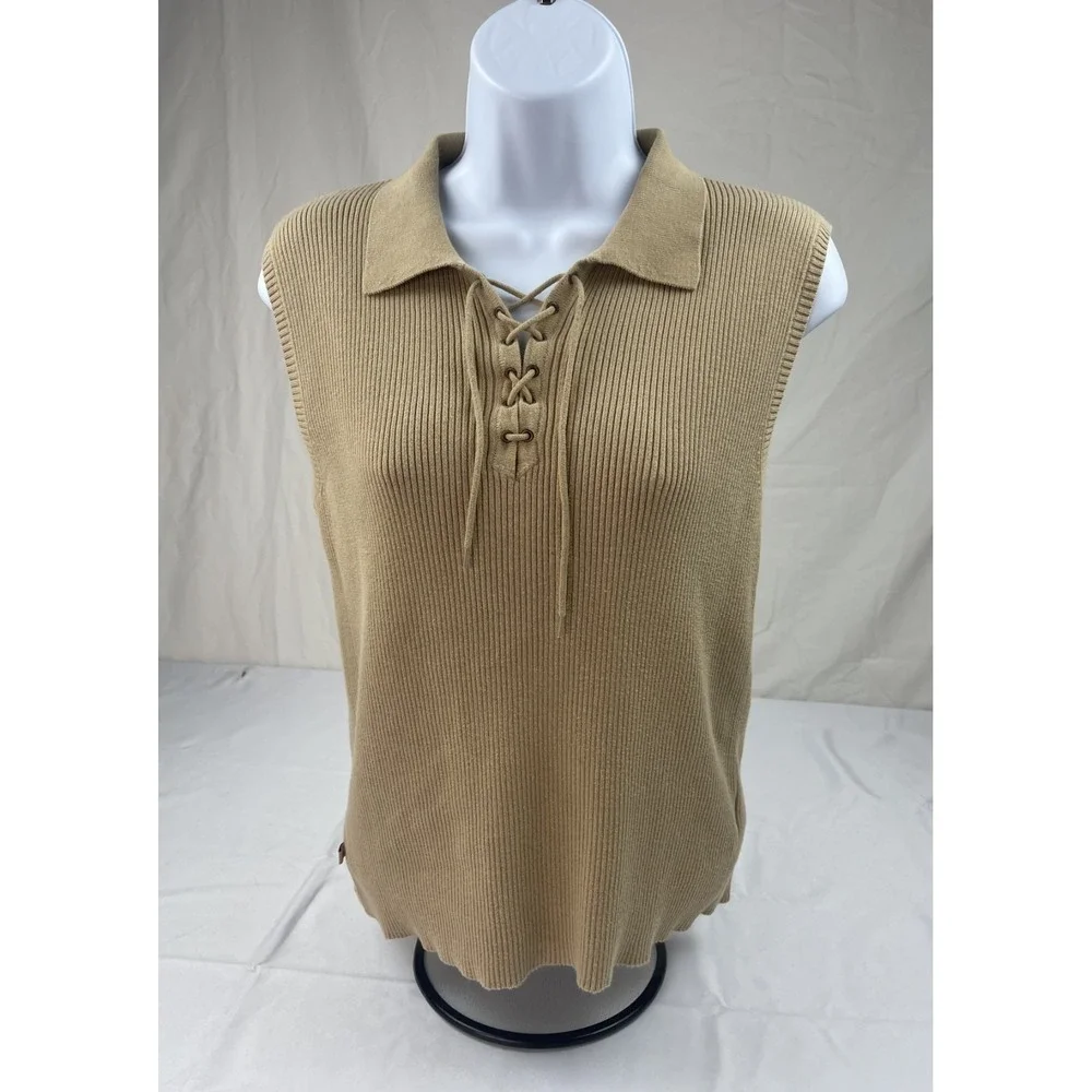 LAUREN RALPH LAUREN PETITE P/M RIB KNIT SLEEVELESS LACE UP SWEETER BEIGE COTTON